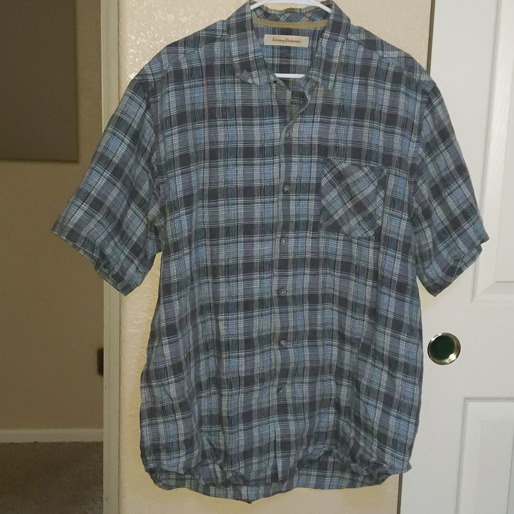 Tommy Bahama 100% Linen Plaid Button Up Shirt Men's L